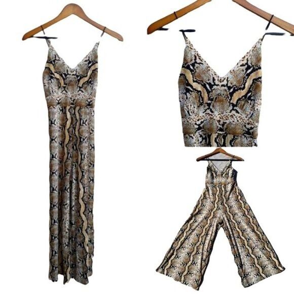 Polly & Esther Jumper Retro 70's Sleeveless V-neck Wide Flare Leg Snake Sz XS - Picture 1 of 12